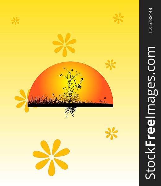 Rising sun on floral background