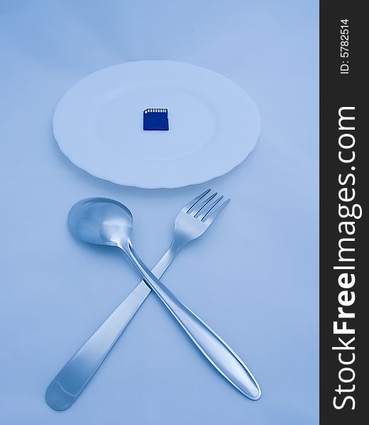 Digital meal: Flash card on plate, fork and spoon