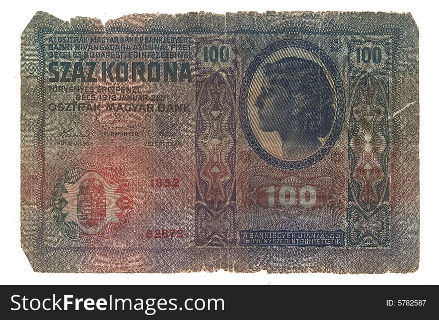 High-resolution picture of very old Hungarian banknote. Year 1912