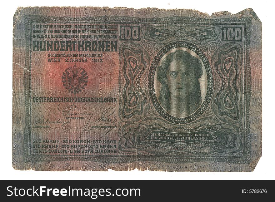 High-resolution picture of very old Hungarian banknote. Year 1912