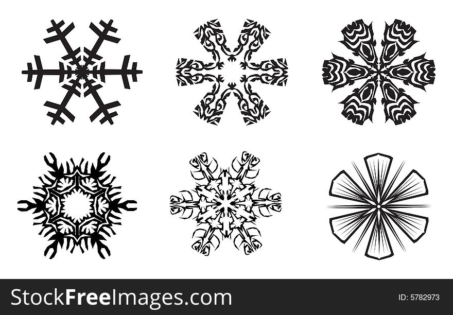 6 black snowflakes on white background. 6 black snowflakes on white background