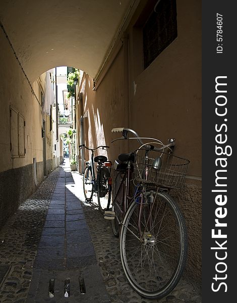 Alley with bicycle in downtown spotorno western coast in liguria