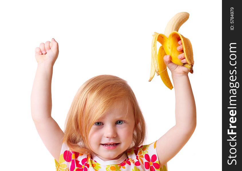 Girl with fruit isolated on white