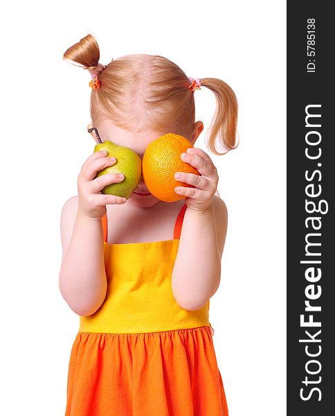 Girl with fruit isolated on white