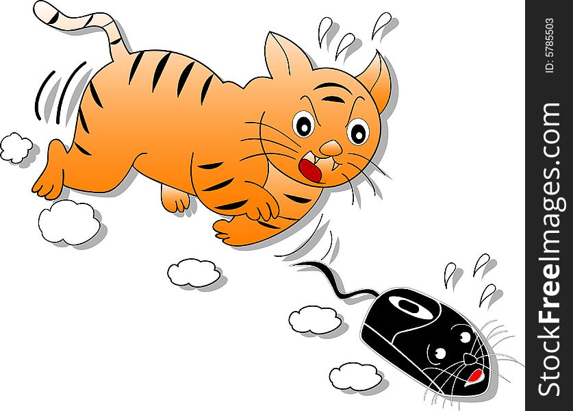 Vector illustration of a cat chasing a computer mouse. Vector illustration of a cat chasing a computer mouse