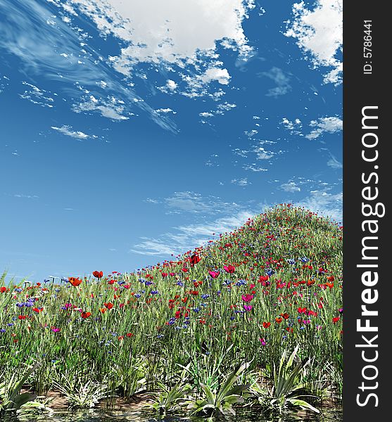 Beautiful field of flowers. 3d image