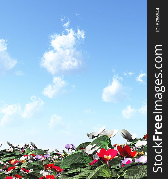 Beautiful field of flowers. 3d image. Beautiful field of flowers. 3d image