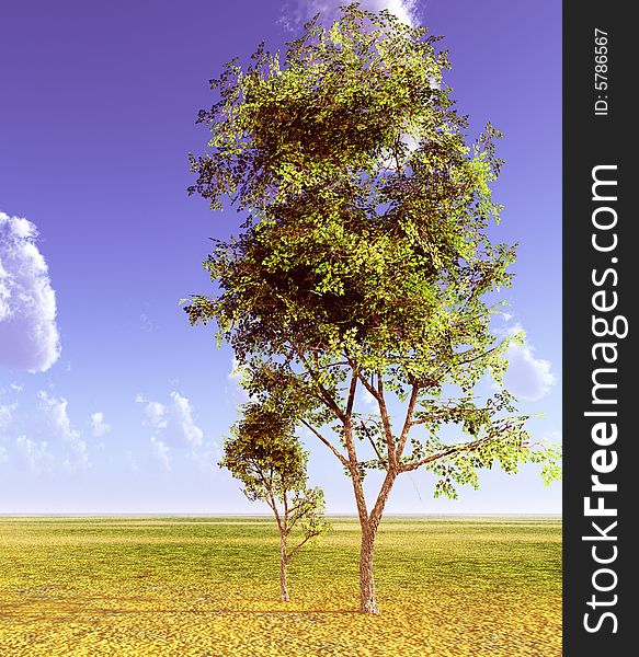 Beautiful landscape with tree. 3d image