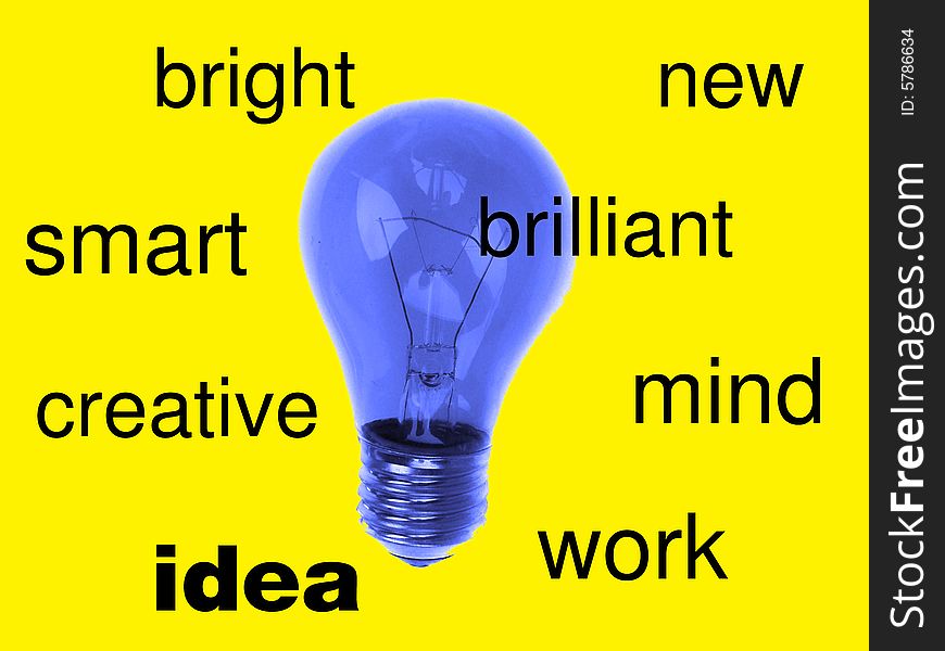 Blue light bulb on yellow background presenting idea.
