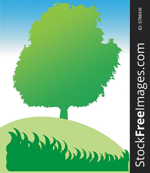 Vector tree on meadow with sky background.