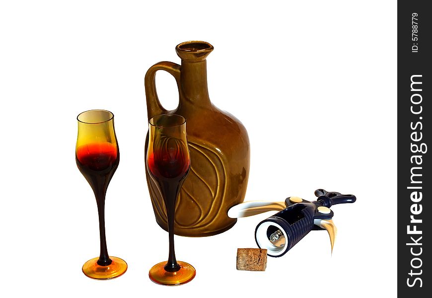 Bottle of wine with glasses, cork and corkscrew, isolated on white, with clipping path