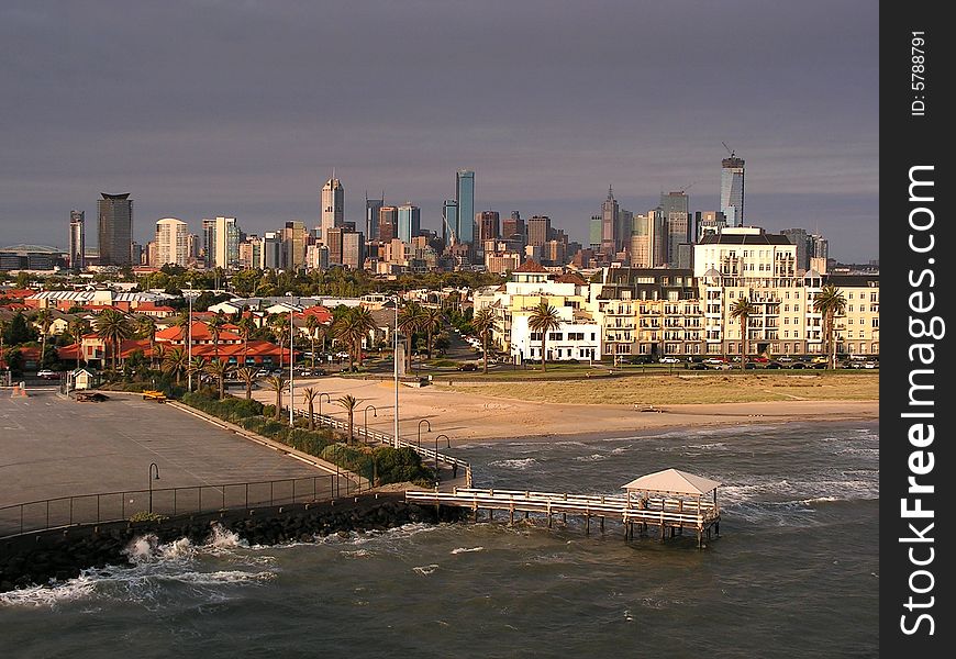 Skyline of Melbourne, seen from the ocean. Skyline of Melbourne, seen from the ocean