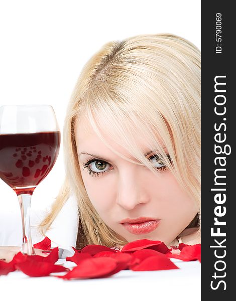 Cute blonde with wine and petals. Cute blonde with wine and petals