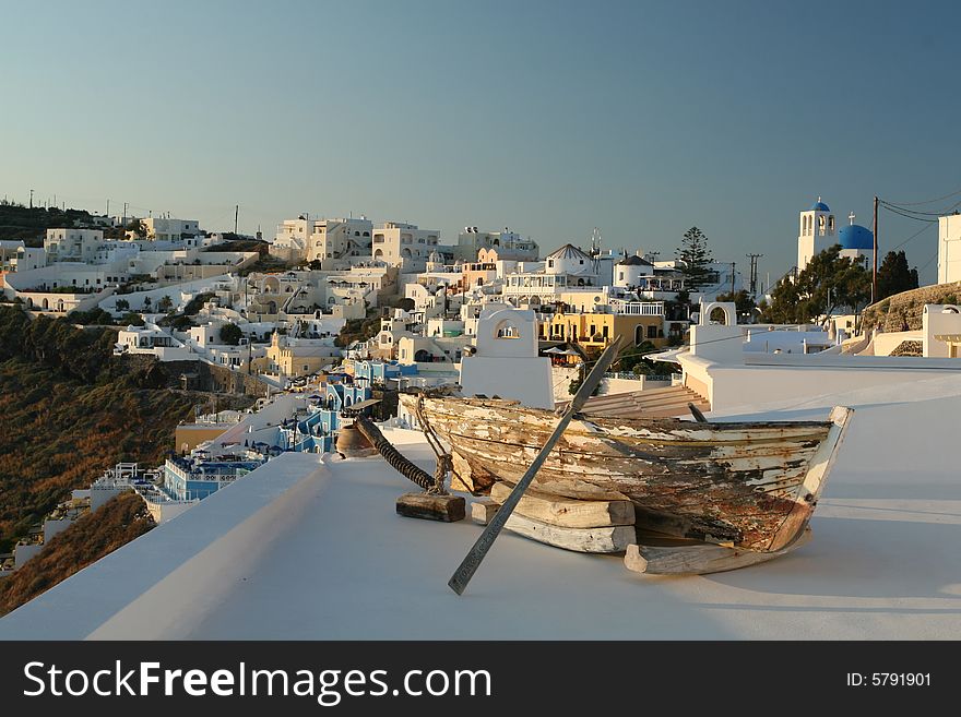 The famous hilltop village of Fira in Santorini, Greece.