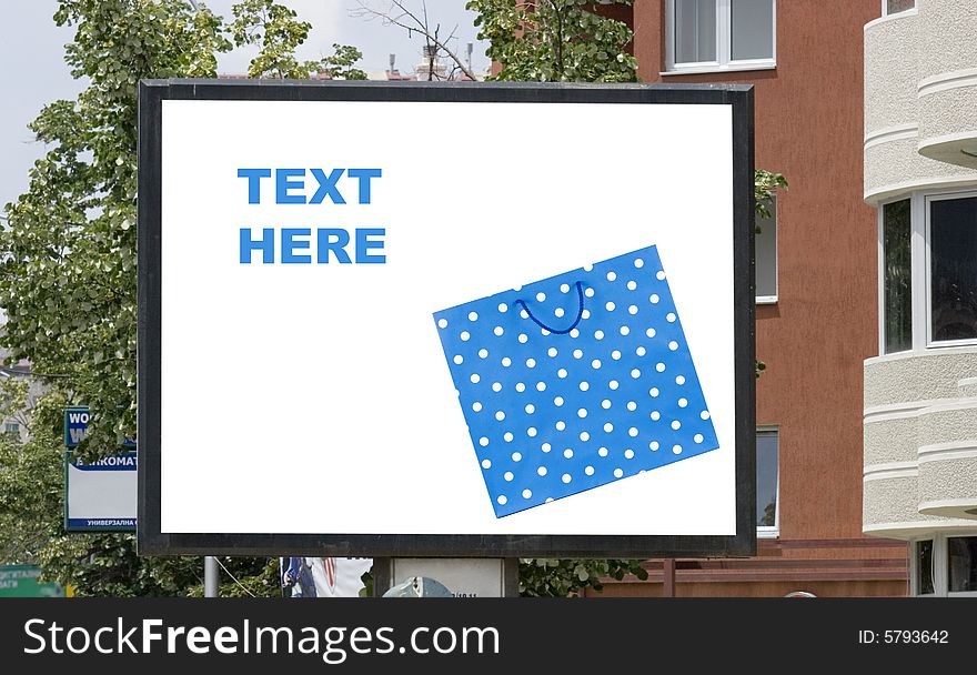 Blank billboard in city and shopping bag. Blank billboard in city and shopping bag