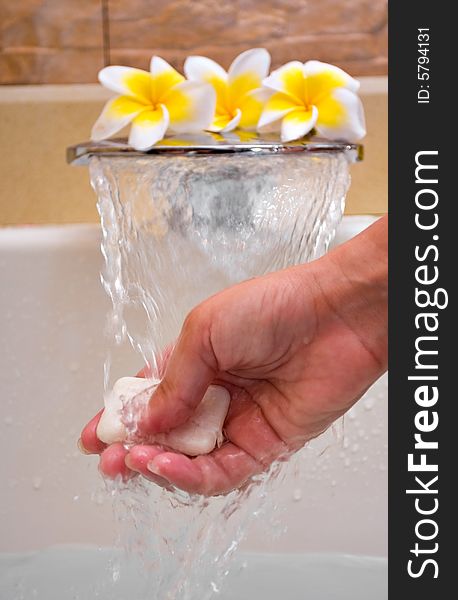 Hand holding soap under water