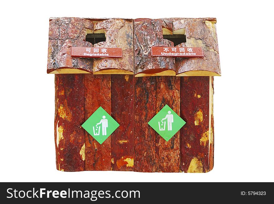 Wooden dustbin isolated on white background