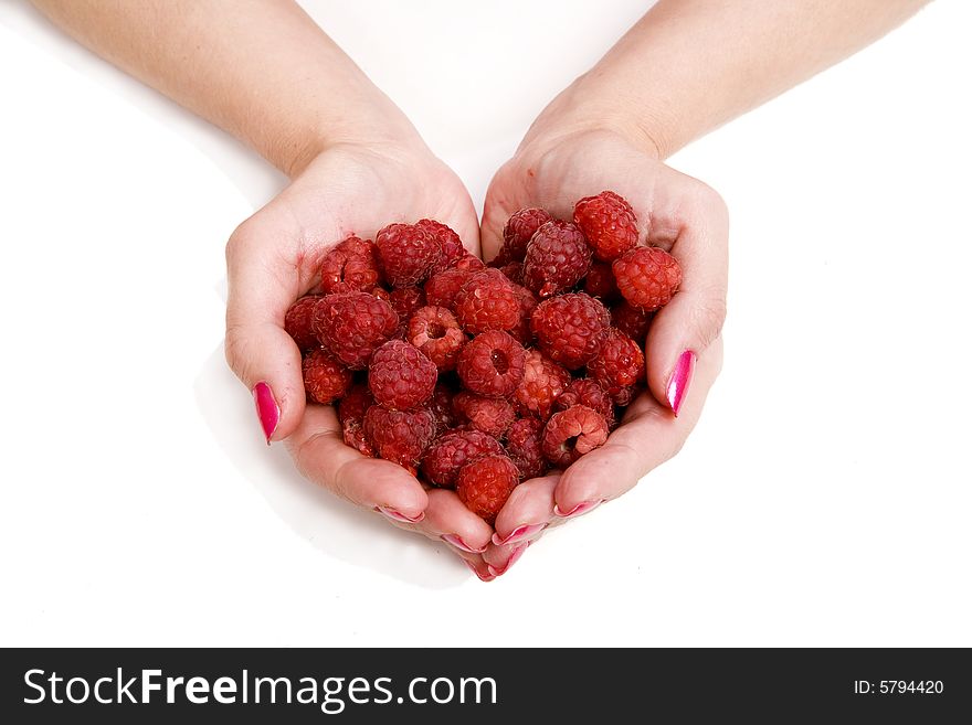 Whole woman palms of raspberries in  heart figure. Whole woman palms of raspberries in  heart figure