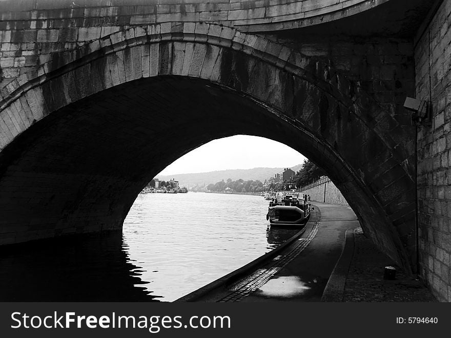 Ancient stone bridge in Namur, Belgium black and white
