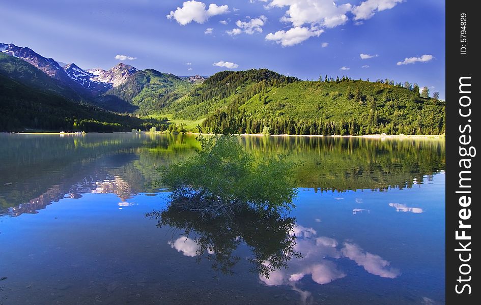 High mountain lake in the summer showing colors reflected in the water
Americana
