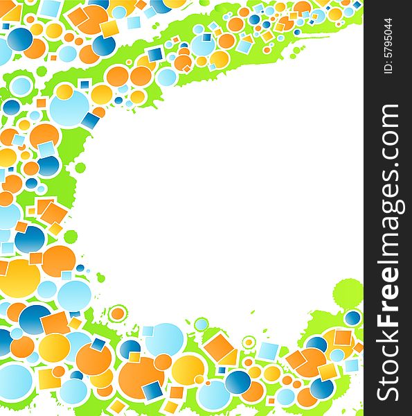 Vector illustration of a blank design background with green grunge splatter and flowing geometric forms in joyful colors. Vector illustration of a blank design background with green grunge splatter and flowing geometric forms in joyful colors.