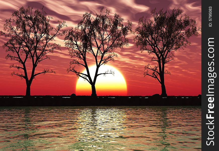 Old trees at a river beach - digital artwork.