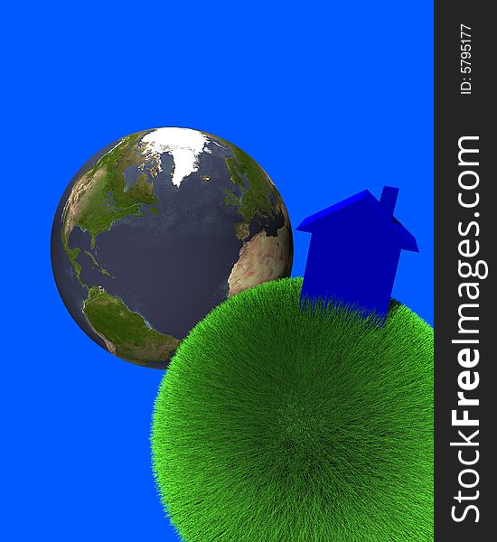 Blue house on sphere of grass with earth, blue sky