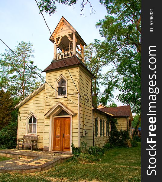 View of historic old wooden church and meeting place. View of historic old wooden church and meeting place.