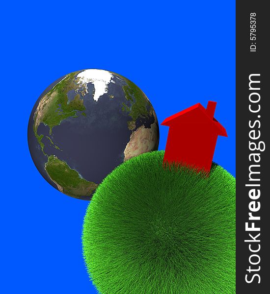 Red House On Sphere Of Grass With Earth