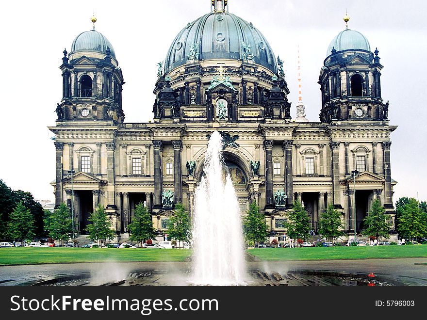 Berlin main cathedral facade with TV tower on background. Berlin main cathedral facade with TV tower on background