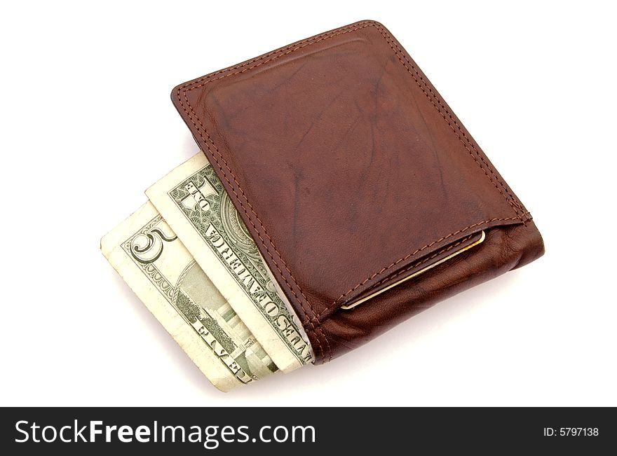 A photograph of a wallet with money in it against a white background