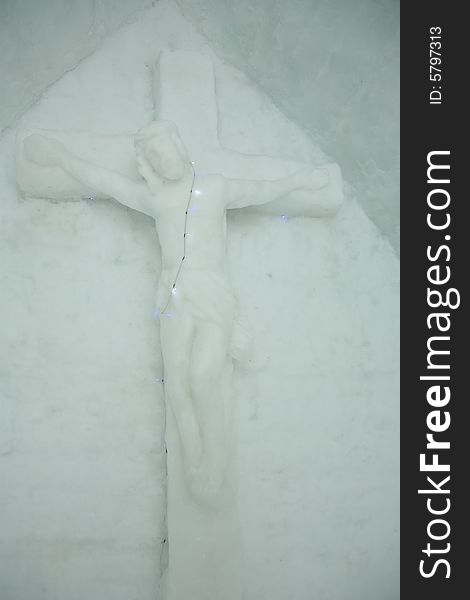 Jesus sculpted in ice in an ice church at Balea Lake, Fagarasi Mountains, Romania. . Jesus sculpted in ice in an ice church at Balea Lake, Fagarasi Mountains, Romania.