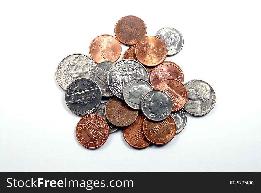 A photograph of a group of coins against a white background