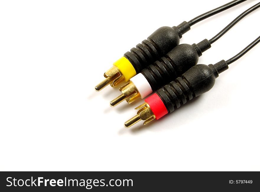 A photograph of audio video cables against a white background. A photograph of audio video cables against a white background