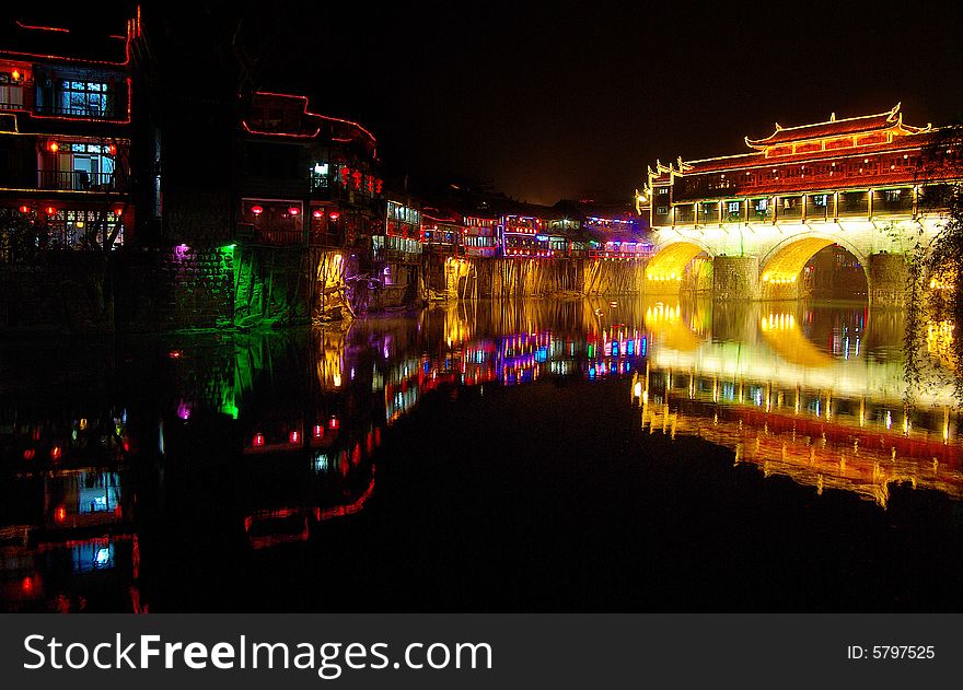 Nocturne of Hong Bridge,an Chinese bridge of Fenghuang in the night,Hunan,china