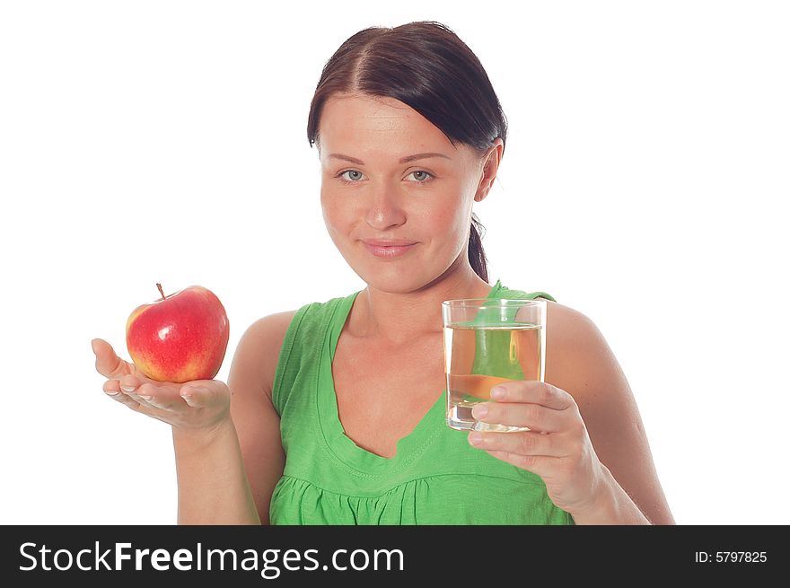 Active woman with apple on white background. Active woman with apple on white background