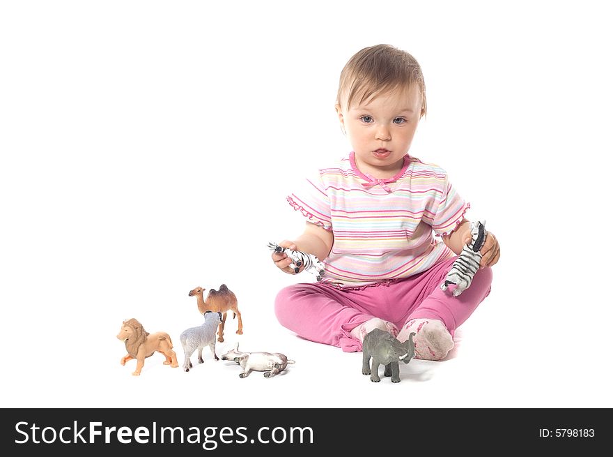 Active baby girl on white background. Active baby girl on white background