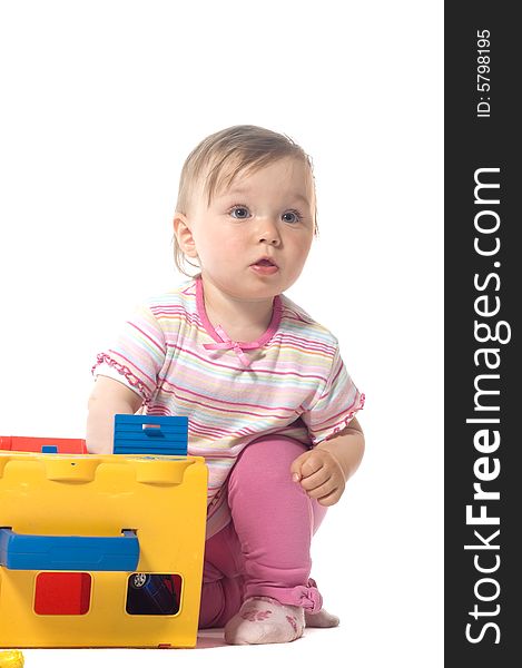 Active baby girl on white background. Active baby girl on white background