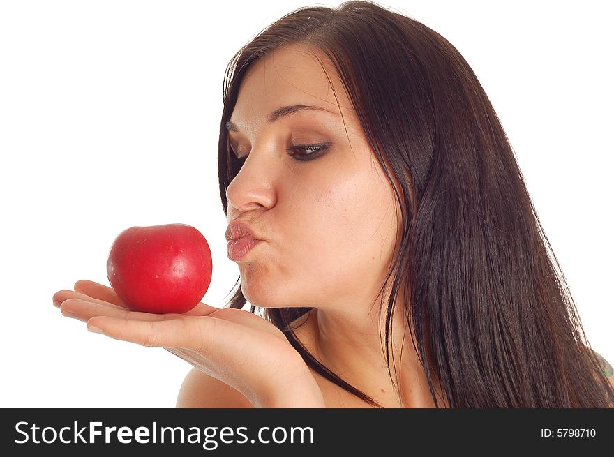 Active woman with apple on white background. Active woman with apple on white background