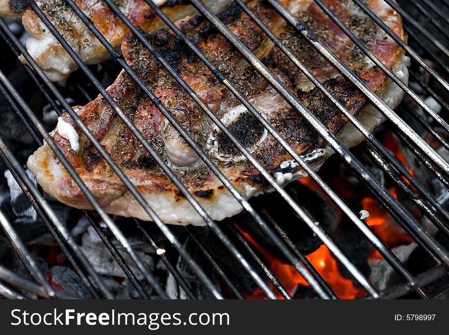 Meat on grill above campfire