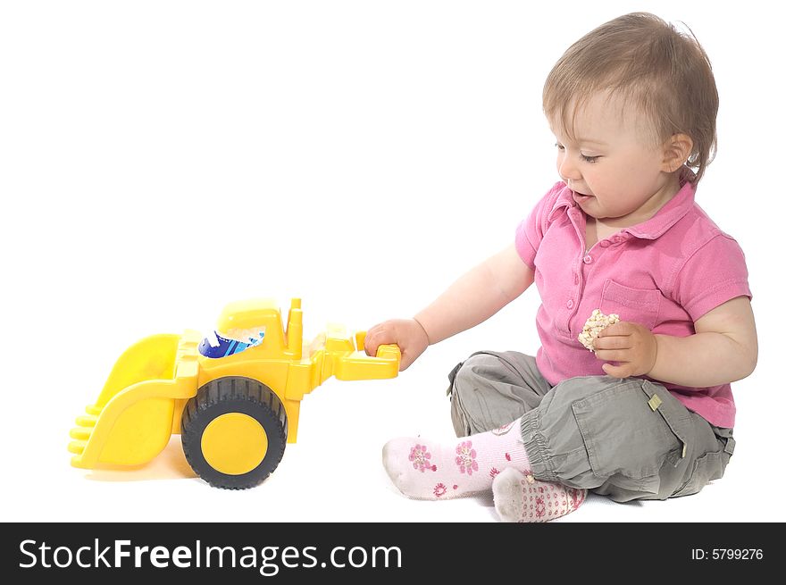 Active baby girl on white background. Active baby girl on white background