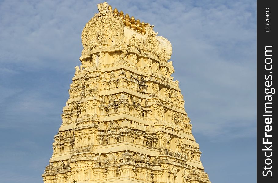 Ekambaram temple against a blue sky in Kanchipuram, India.