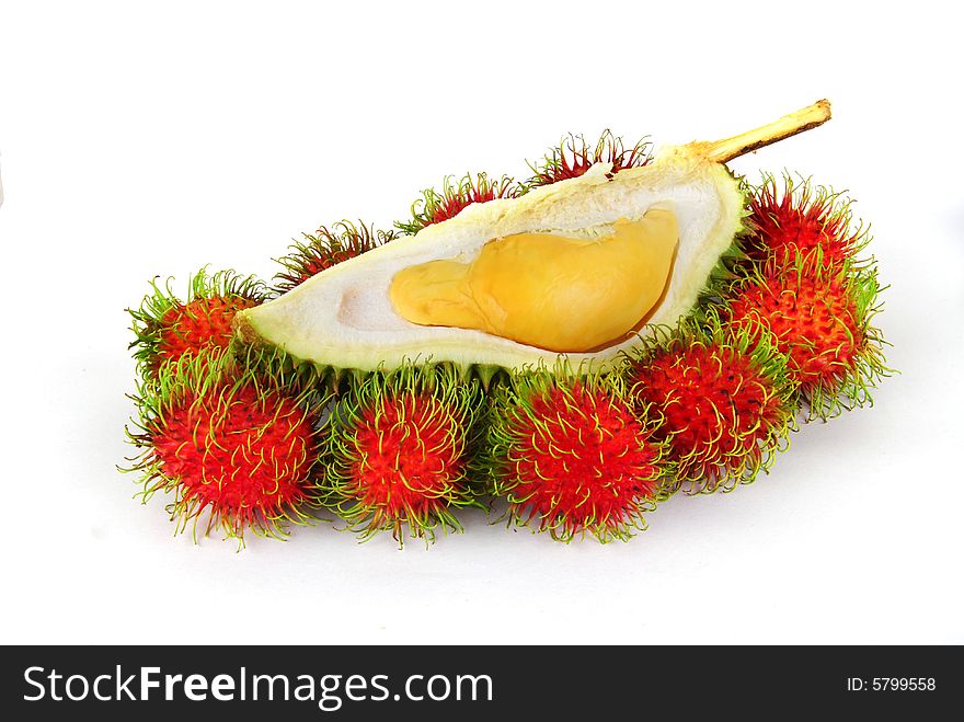 Durian and Rambutans on white background