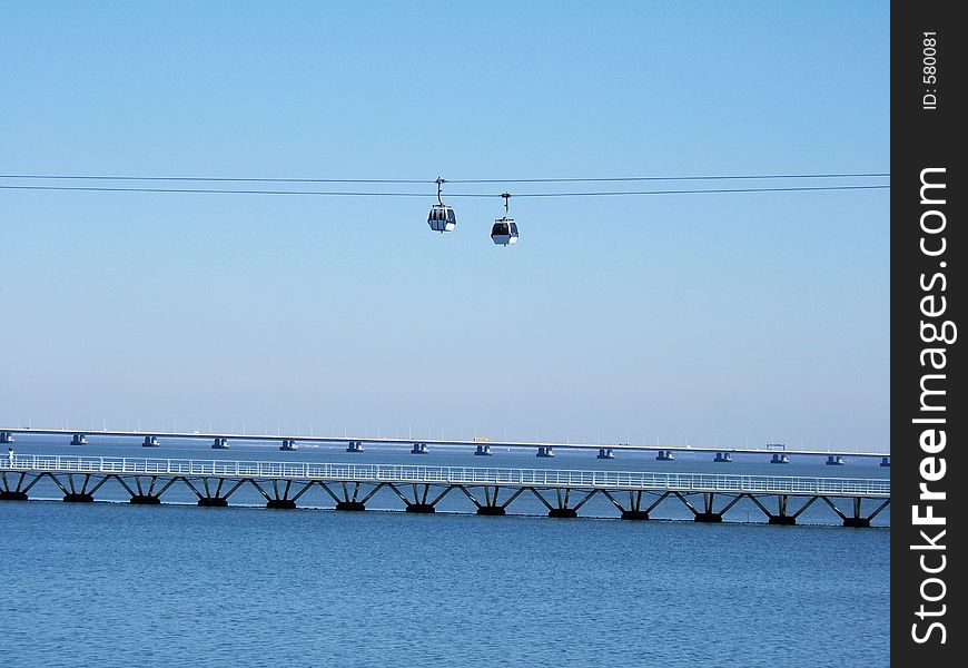 Cable ferry with two bridges below