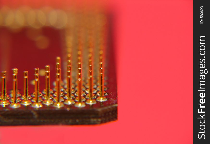 Processor on red background. Close up macro shoot.