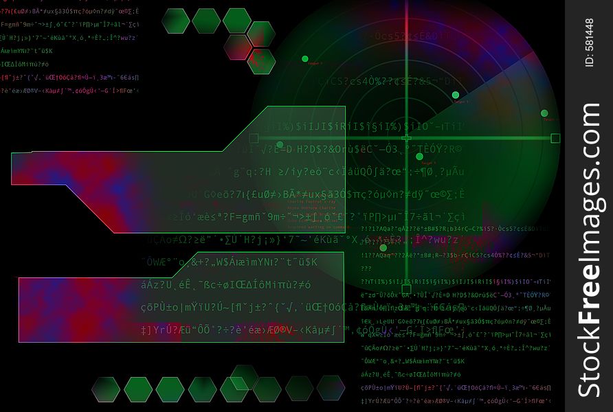 Abstract wargames type background with text boxes, radar, hectagons, and data. Abstract wargames type background with text boxes, radar, hectagons, and data