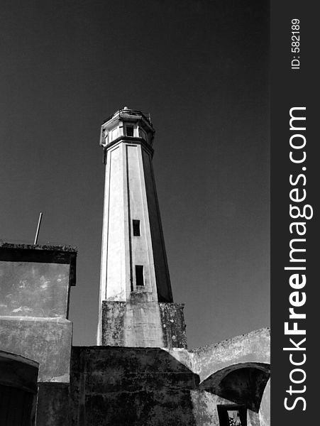 Lighthouse tower on Alcatraz Isle in the San Francisco Bay.