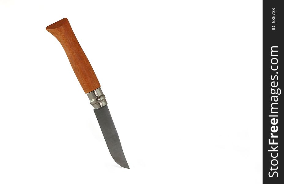Pocket knife with a wooden handle set against a white background.