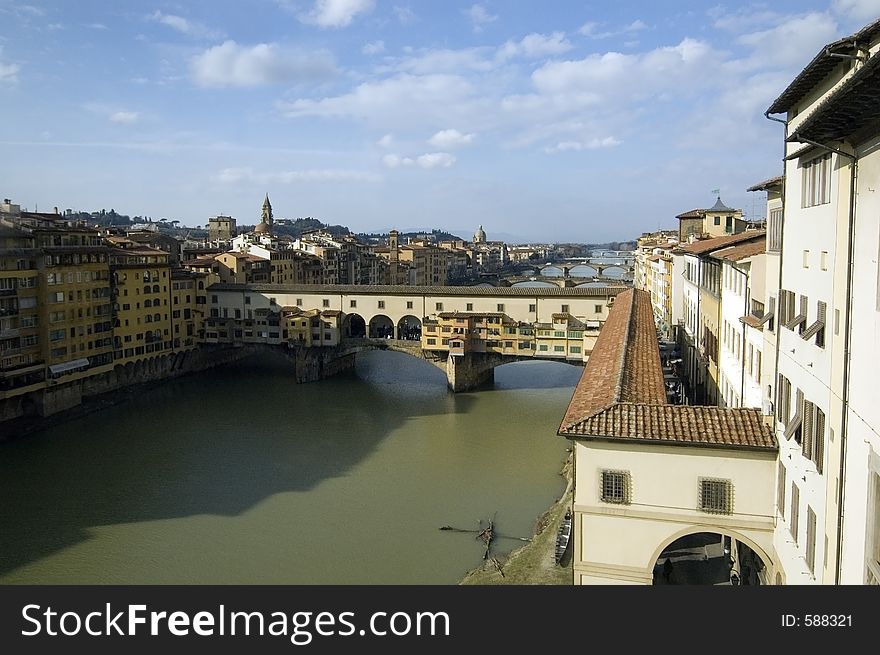 Main Florence bridge, over river Arno, seen from Uffizi museum. Pics from a Tuscany trip. Main Florence bridge, over river Arno, seen from Uffizi museum. Pics from a Tuscany trip.