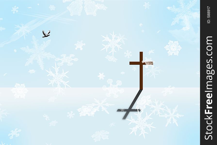 A cross stands in a white-blue landscape while snow falls all around. A cross stands in a white-blue landscape while snow falls all around